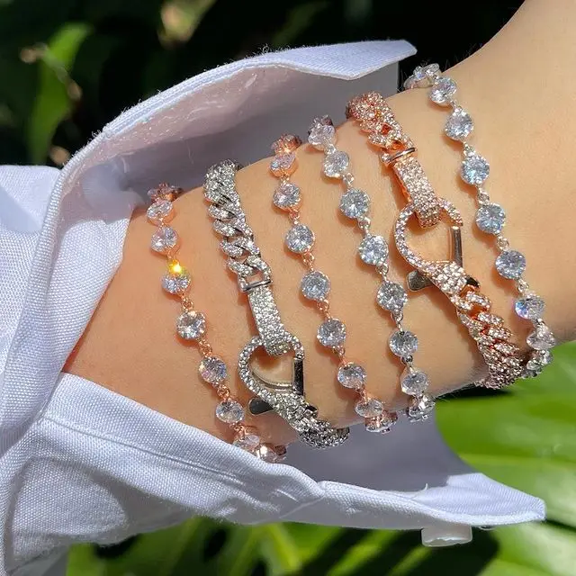 NEW design thin cz cuban link chain paved cubic zirconia lobster clasp iced out bling cuban bracelet for women