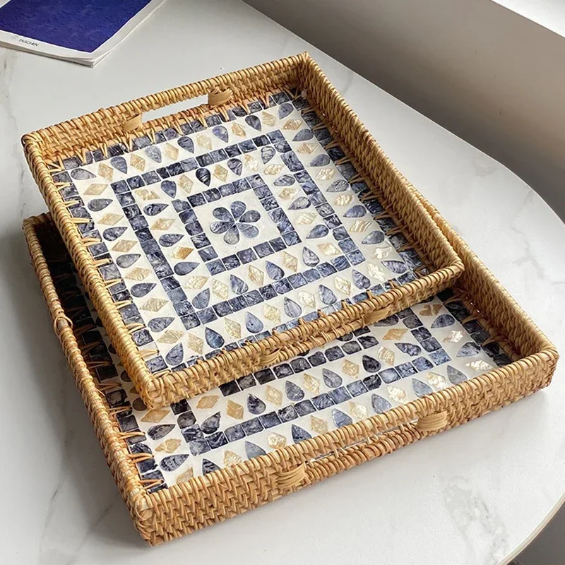 

Rattan Shell Handmade Color Storage Round Home Living Room Light Luxury Picnic Fruit Plate Restaurant Sweets Advanced Tray