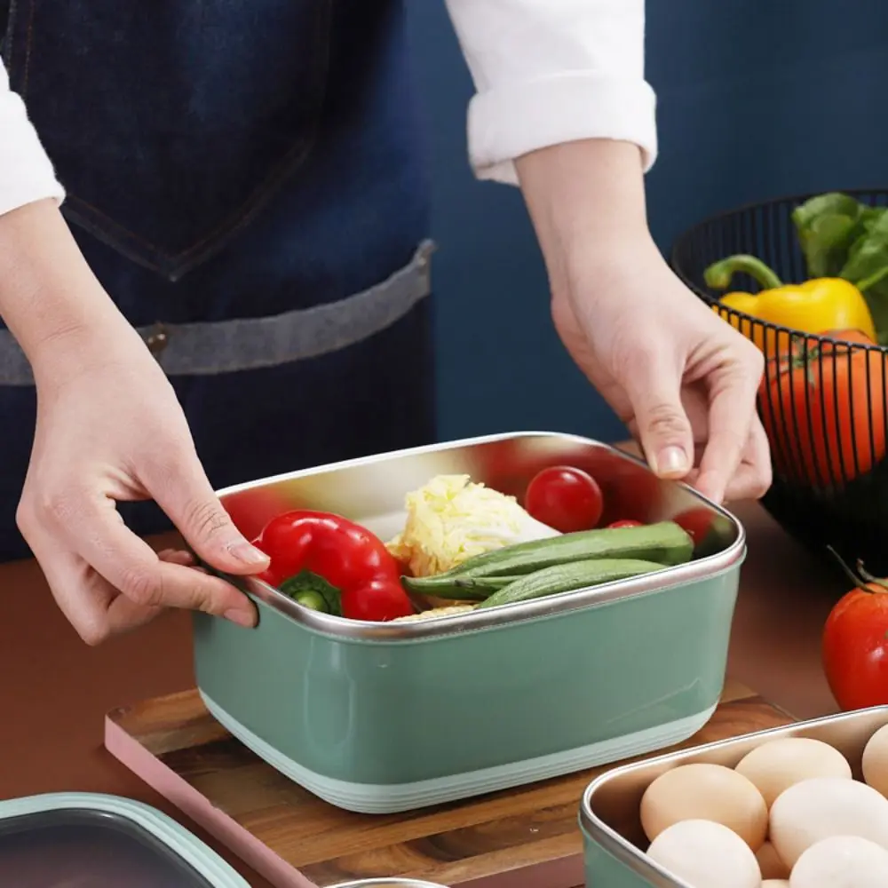 صندوق غداء من الفولاذ المقاوم للصدأ مانع للتسرب مستطيل مختوم صندوق حفظ طازج 820 مل غطاء مرئي حاوية طعام ثلاجة #5