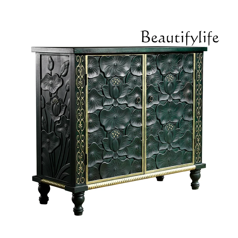 South East Asia style Solid wood lotus leaf carved storage decorative cabinet New Chinese porch cabinet