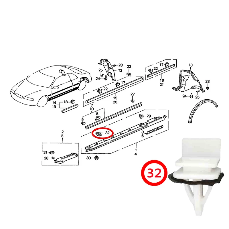 Side Skirt Sill Seal Panel Mounting Trim Clips For Honda Accord CRV Civic Del Sol Element Odyssey Pilot Prelude OE#91513SM4000