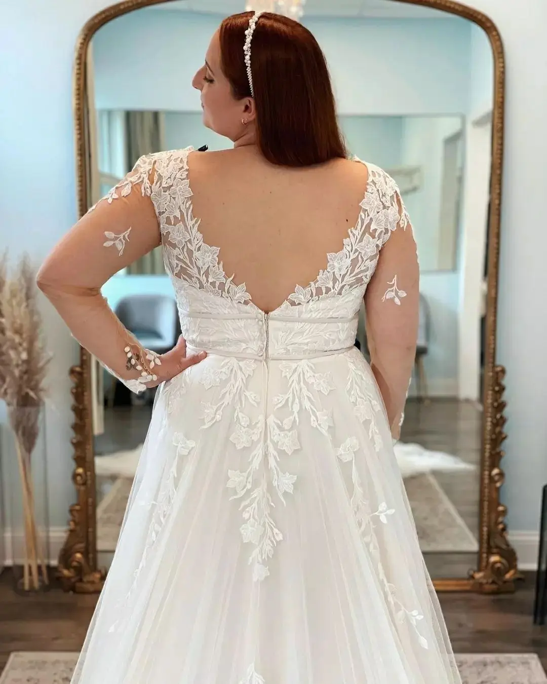 Plus size vestido de casamento apliques de renda com decote em v completo tule manga vestido de noiva sem costas com zíper vestidos de noiva robe de mariee