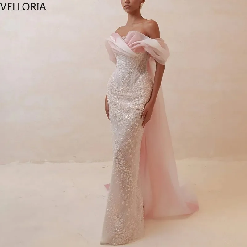 

Pink Lace Women's Evening Dress Luxurious Beaded Strapless Formal Occasion Dress Ball Gown Vestdos De Fiesta Customized