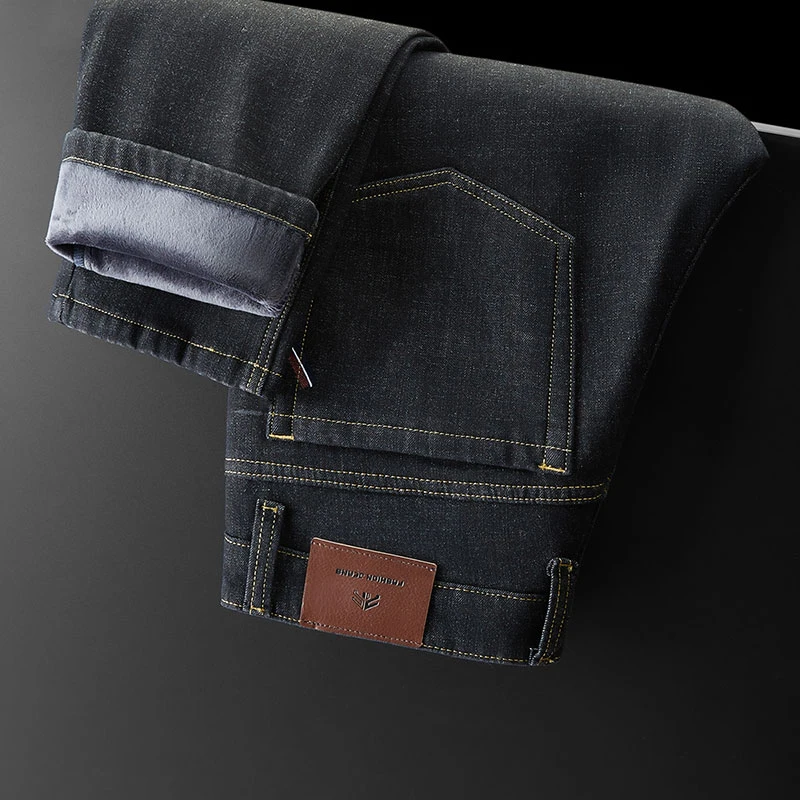 クラシックスタイルメンズ冬フリースジーンズルーズストレートレッグパンツ男性厚手ビジネスカジュアルファッションメンズストレッチパンツ