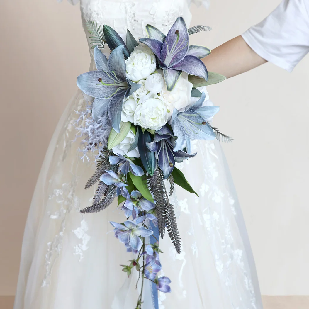 

Blue Wedding Bouquet for Bride Waterfall Floral Bouquet Bridesmaid Holding Flowers for Bridal Shower