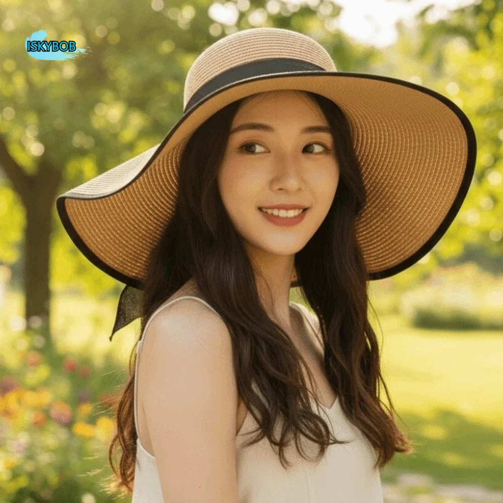

Breathable Vacation Beach Cap with Lace Ribbon Lightweight Big Brimmed Straw Hat Sunshade Topi Folding Woven Sun Cap Women