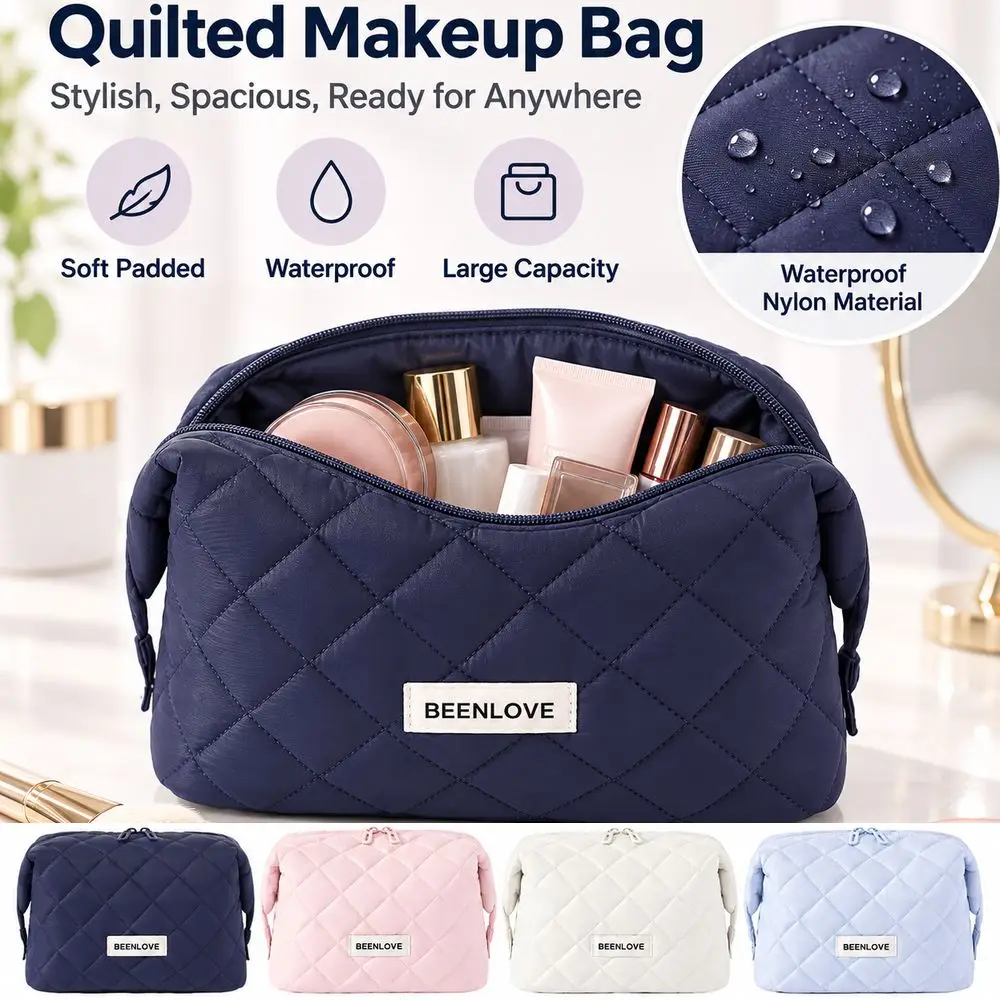 New Quilted Makeup Bag Soft Padded Exterior Waterproof Cosmetic Bag Portable Large Capacity Makeup Pouch Cosmetic Organization