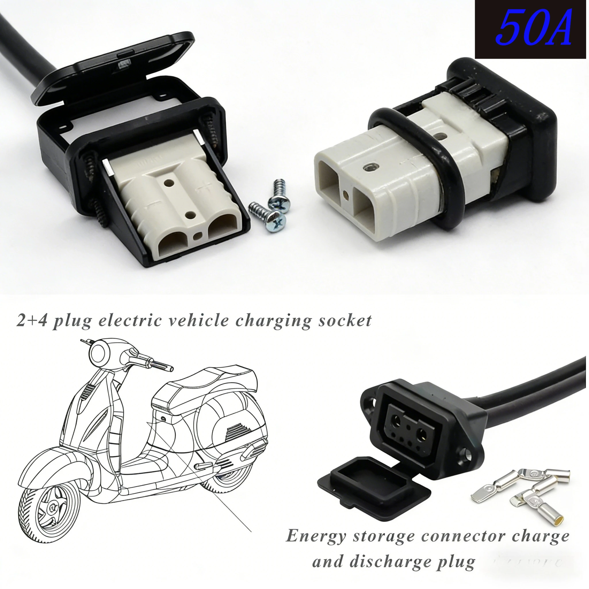 Conector de Corriente de 120A con Base SH175A de Plástico, Enchufe Metálico de 50A, Bloque de Terminales Impermeable, Soporte de Montaje y Puerto de Carga de Alta Corriente