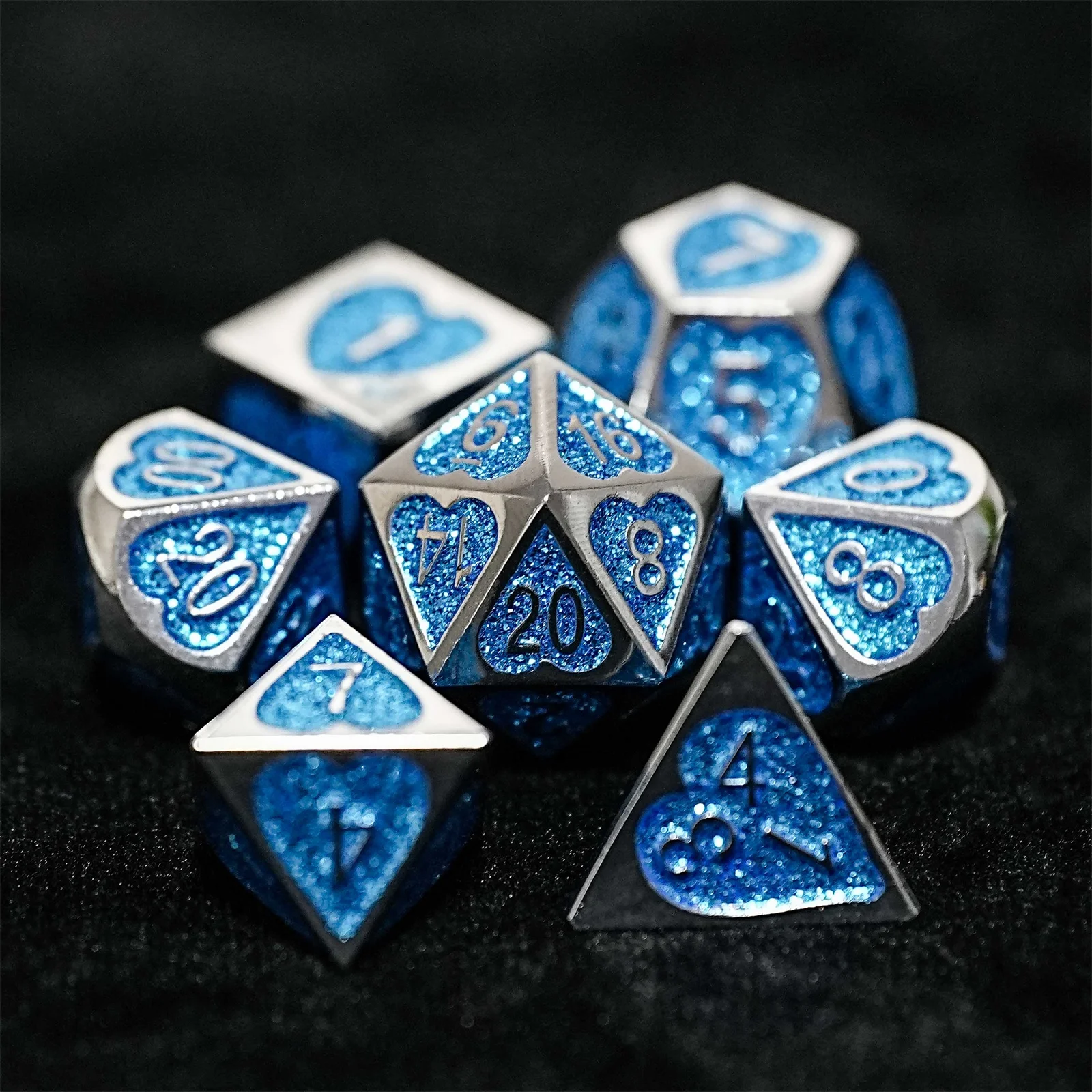 

7Pcs DND Solid Metal Dice Set Blue Multi-sided Polyhedral Dice for D&D Game COC Role Playing RPG D6~D20