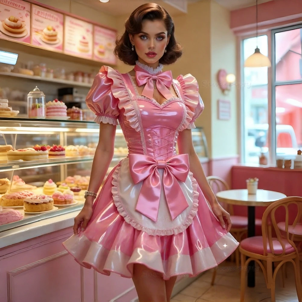 Cosplay Maid Dress Short Pink Lolita Prom Dress Above Knee Customized Bow PU Leather Cocktail Party Costume Puff Sleeves