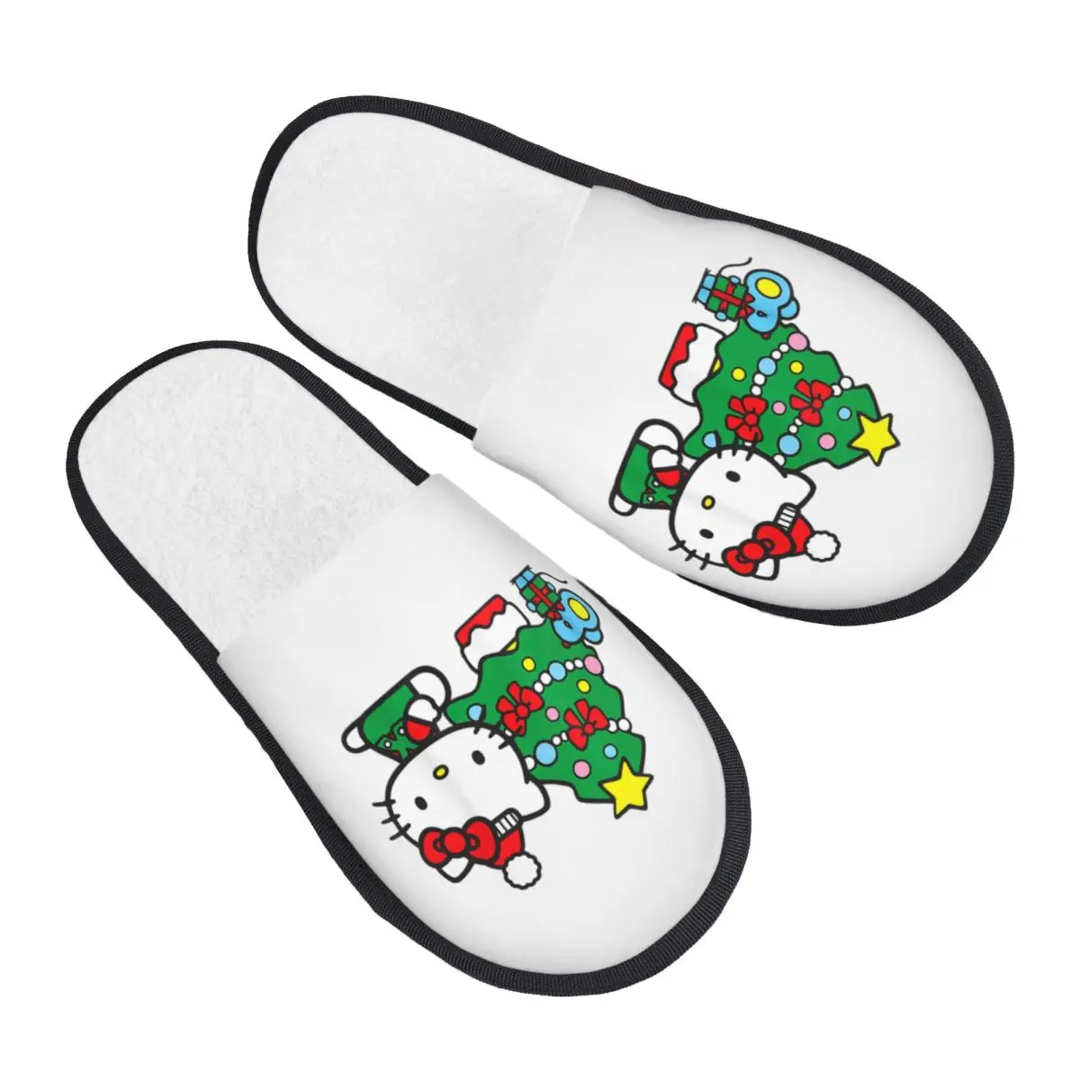 

Hello Kitty Рождественская елка, зимние домашние хлопковые тапочки для гостиной, уютные домашние меховые шлепанцы, нескользящие тапочки