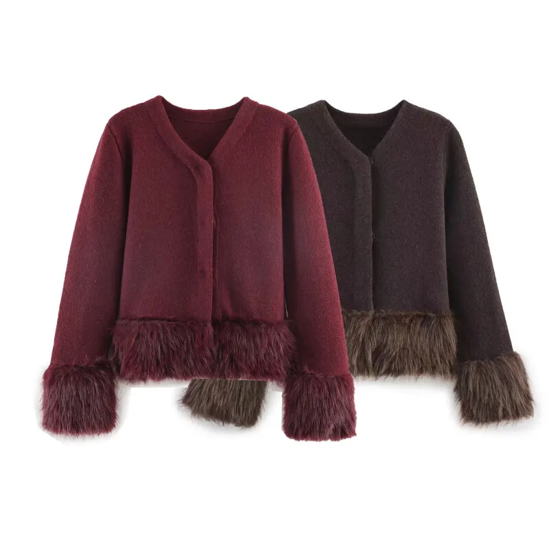 

Женское осеннее вязаное пальто из искусственного меха в стиле пэчворк и платье миди, элегантный офисный женский наряд