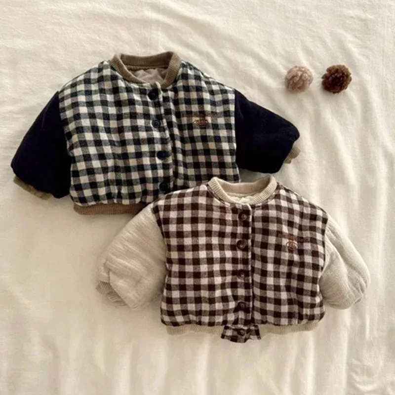

2024 Winter New Baby Long Sleeve Plaid Coat Plus Velvet Thick Infant Boys Cotton Padded Jacket Toddler Girls Warm Clothes