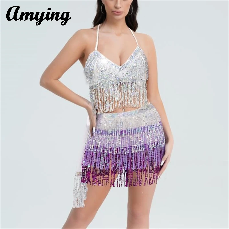 

Women Halloween Belly Dance Stage Performance Costumes DS Sequins Tassel Bras Hip Scarves Practice Waist Chains Waist Scarves