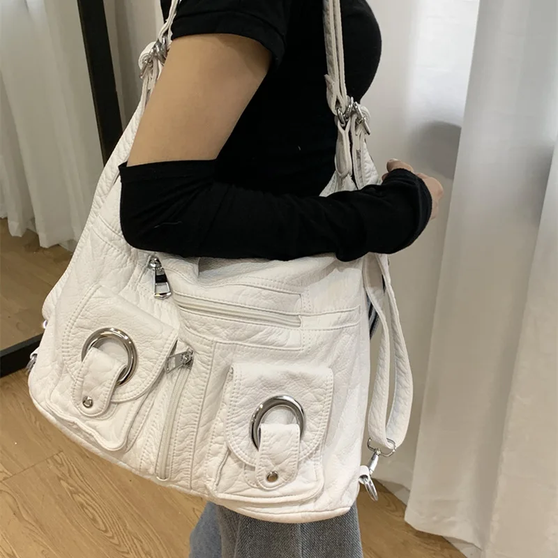 

Inner punk soft PU litichi leather backpack tote bag Millennium Y2K pocket shoulder messenger bag for women Locomotive bag