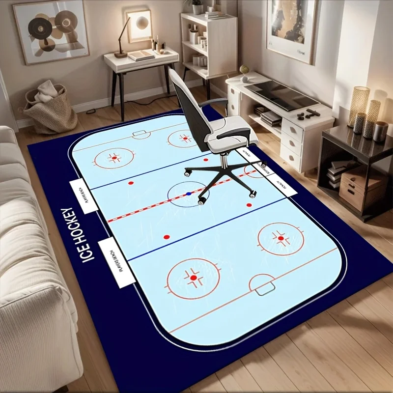 Vintage Ice Hockey Arena Area Rug Sports Field Print NonSlip Floor Mat for Game Room Office Man Cave Athletic Home Decor