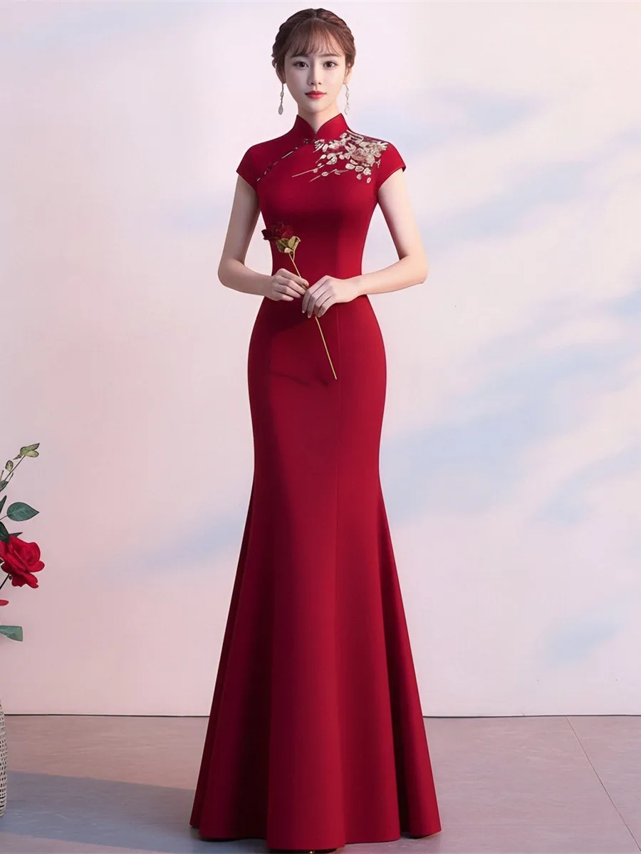 Red Evening Gown Embroidered Fish Tail Slim Fit Long  Stand Collar Chinese Wedding Return Gift Dress for Women