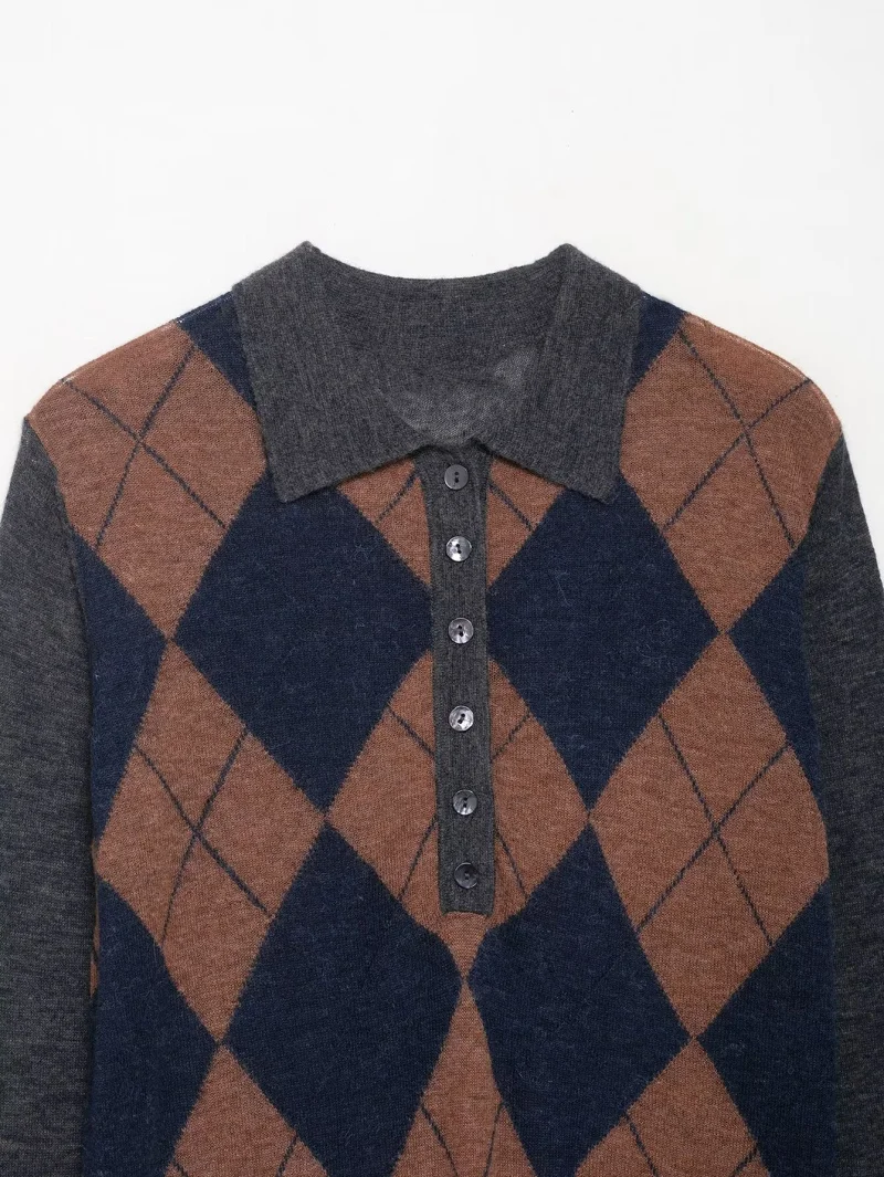 ETJ 2025 jesień nowa kolekcja odzieży damskiej, sweter z długim rękawem, cienki, dzianinowy, z kołnierzykiem polo, zdobiony diamentowym wzorem i przeszyciami.