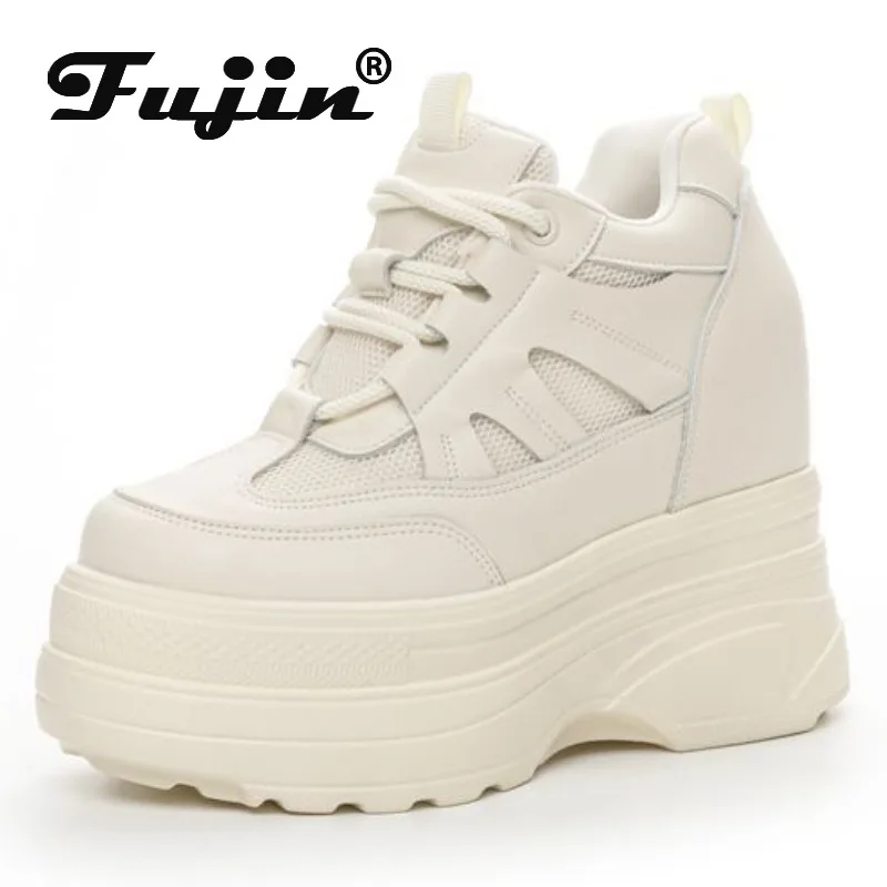 Fujin 11cm Air Mesh Genuine Leather Summer Hollow Chunky Sneaker Breathable Slides Platform Wedge Microfiber Women Sandals Shoes