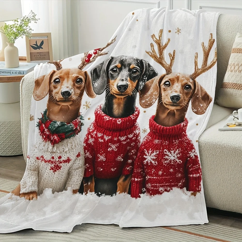1pc,Christmas Dachshund Dogs Reindeer Antlers Flannel Blanket,An Afternoon Nap Blanket,suitable for All Seasons Winter