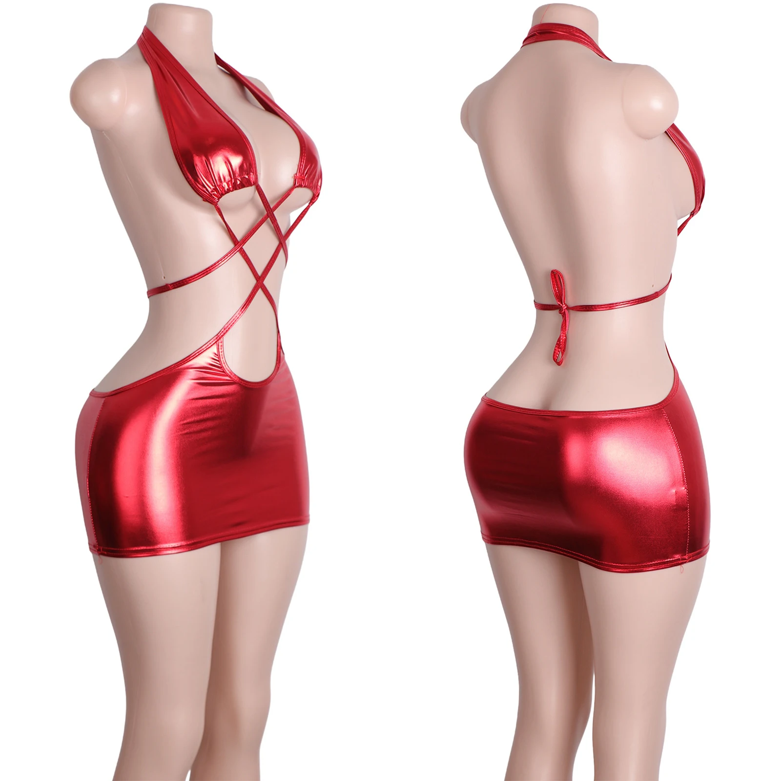 Patent Leather Dress Cross Tie Adjustable Straps Sexy Lingerie Bodysuit Metal Texture Exotic Dancewear Performance Wear