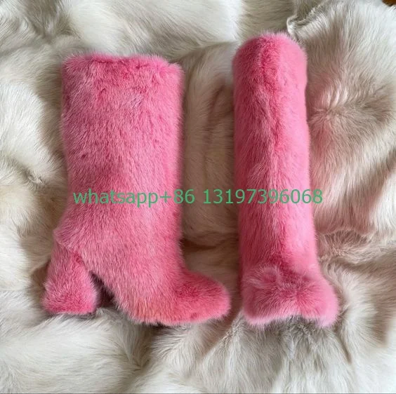 Lady pink punk elegant fur design calf boots Mary Janes feather pointed toe pink Gothic runway causal dance party dress boots 46