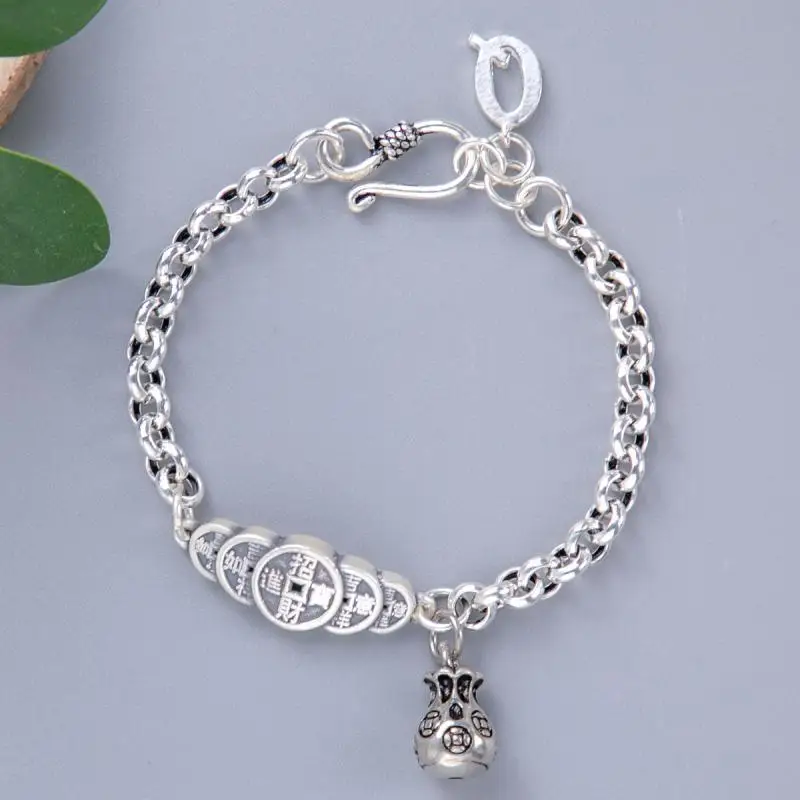 

Vintage 925 Sterling Silver Bracelet for Men and Women Couple Five Imperial Coins Lucky Fashion Money Bag This Life Year Thai