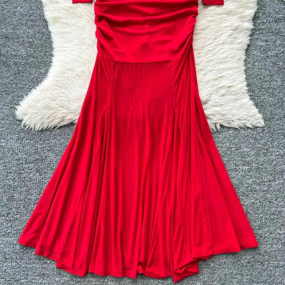 ชุดเดรสทรงเมอร์เมดแขนยาวคอโอวินเทจเก๋ไก๋สไตล์เกาหลีสำหรับผู้หญิง แฟชั่นฤดูใบไม้ร่วง เหมาะสำหรับงานพิธี