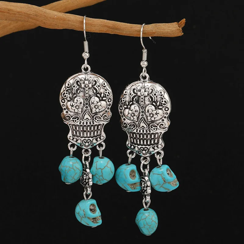 Ethnic Vintage Antique Silver Color Alloy Carving Heart Flower Skull Tassel Dangle Earrings Women\'s Halloween Party Accessories