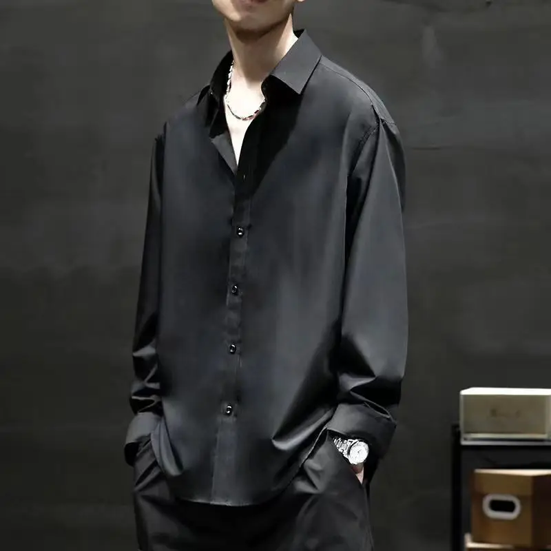Men's Casual Loose High-end Long-sleeved Shirt Handsome Black Top Work Business Shirt