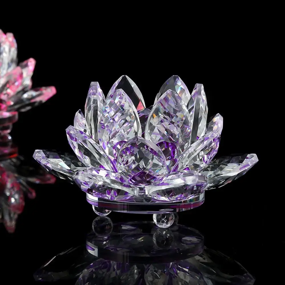 Hue Reflection Crystal Lotus Flower 3 Foots Anti-slip Crystal Flower Figurine Lucky Charm 3 Layers Glass Lotus Feng Shui Decor
