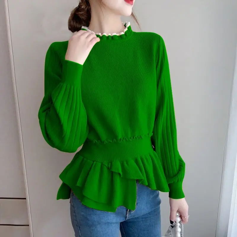 Fashion Ruffles Spliced Knitted Folds Asymmetrical Sweaters Women\'s Clothing 2022 Autumn New Loose Casual Pullovers Korean Tops