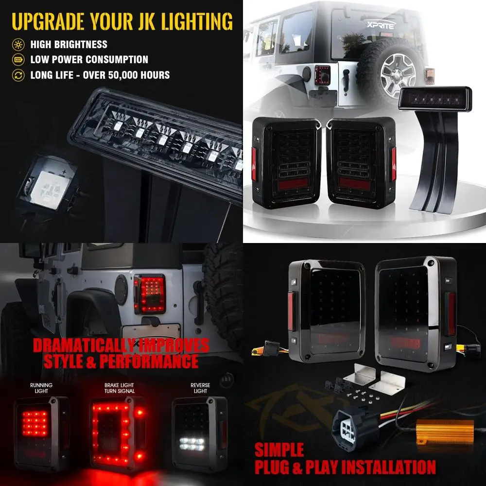 

Smoked Lens Red LED Tail Lights with Turn Signal, Backup, and 3rd Brake Light for Jeep Wrangler JK 2007-2018