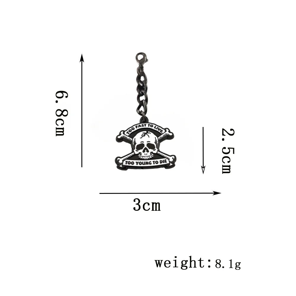 Zu schnell, um zu leben, zu jung, um zu sterben Schlüsselanhänger Vintage Punk Rock Totenkopf Kreuzbeine Metall Schlüsselring Gothic Taschen- und Autoanhänger Geschenk – Detail 2