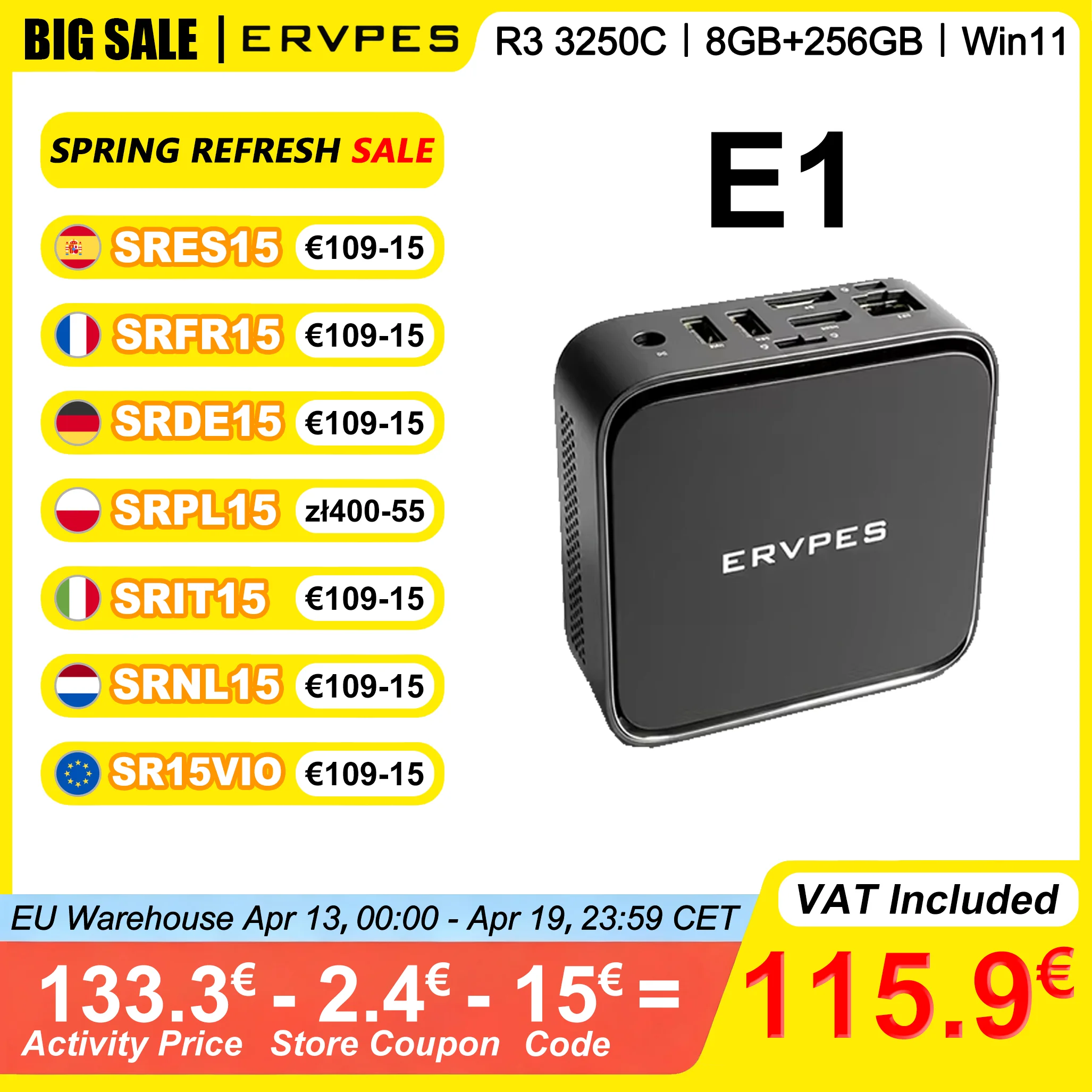 ERVPES E1 Mini PC AMD Ryzen 3 3250C 8GB DDR4 256GB SSD Windows 11 Dual-Band Wifi BT5.2 HDMI DP Biurowy Mini Komputer Stacjonarny