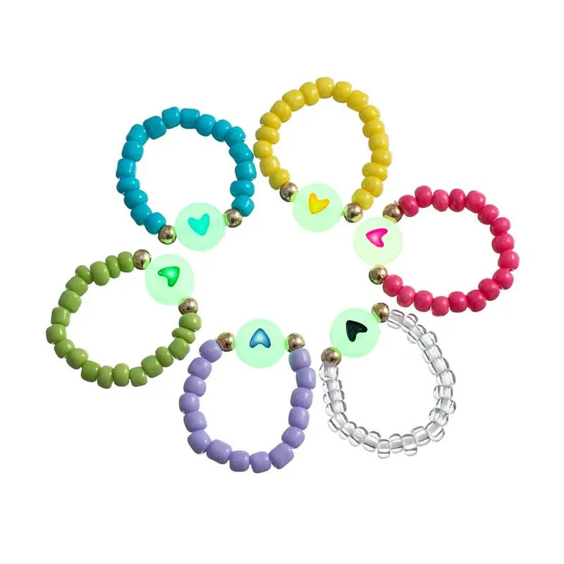 New 6Pcs/Set Handmade Noctilucent Beaded Rings For Princess Girls Summer Children Jewelry Wholesale Party Gifts Kids Gifts image 4