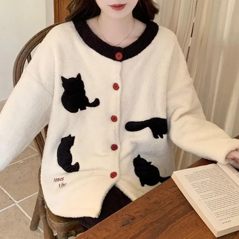 Nuevo Conjunto de pijama de lana Coral para mujer, ropa de dormir cálida y holgada de media pila, ropa de casa cómoda y cómoda de Color sólido para invierno