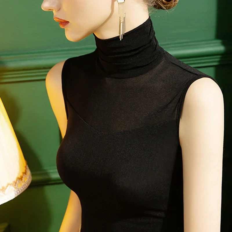 

Футболка женская сетчатая с высоким воротником, однотонная тонкая облегающая пикантная элегантная офисная рубашка без рукавов, Z521, весна