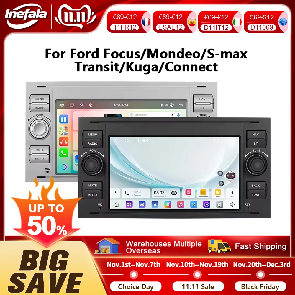 Podofo 7 "راديو السيارة اللاسلكي CarPlay راديو أندرويد لفورد فوكس/مونديو/S-Max Transit/Kuga Connect الوسائط المتعددة نظام تحديد المواقع RDS Autoradio #1