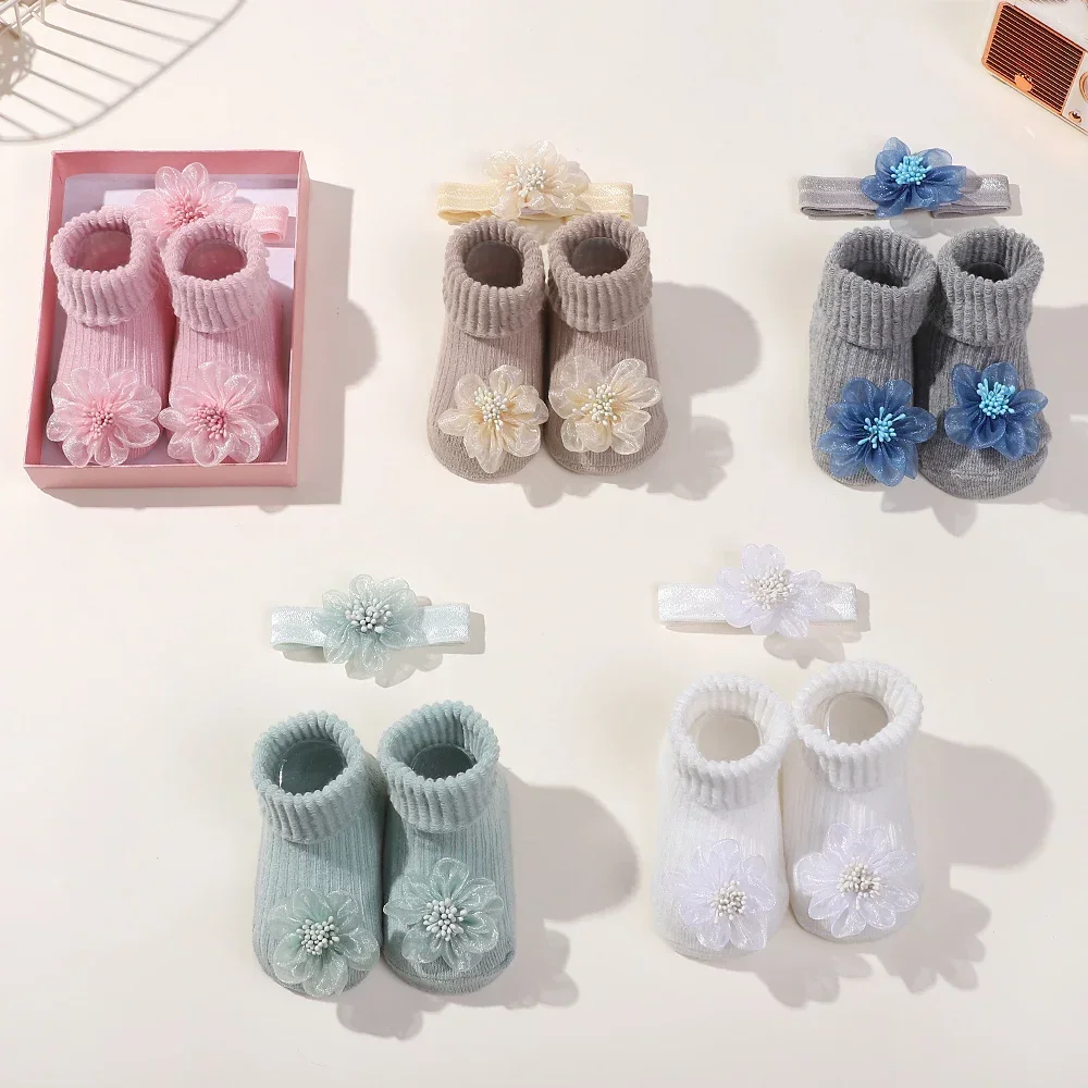 0-2Y Baby Girl Sweet Socks with Headband Set Lovely Flower Short Socks Fashion Sequin Butterfly Nylon Hairband Babe Accessories