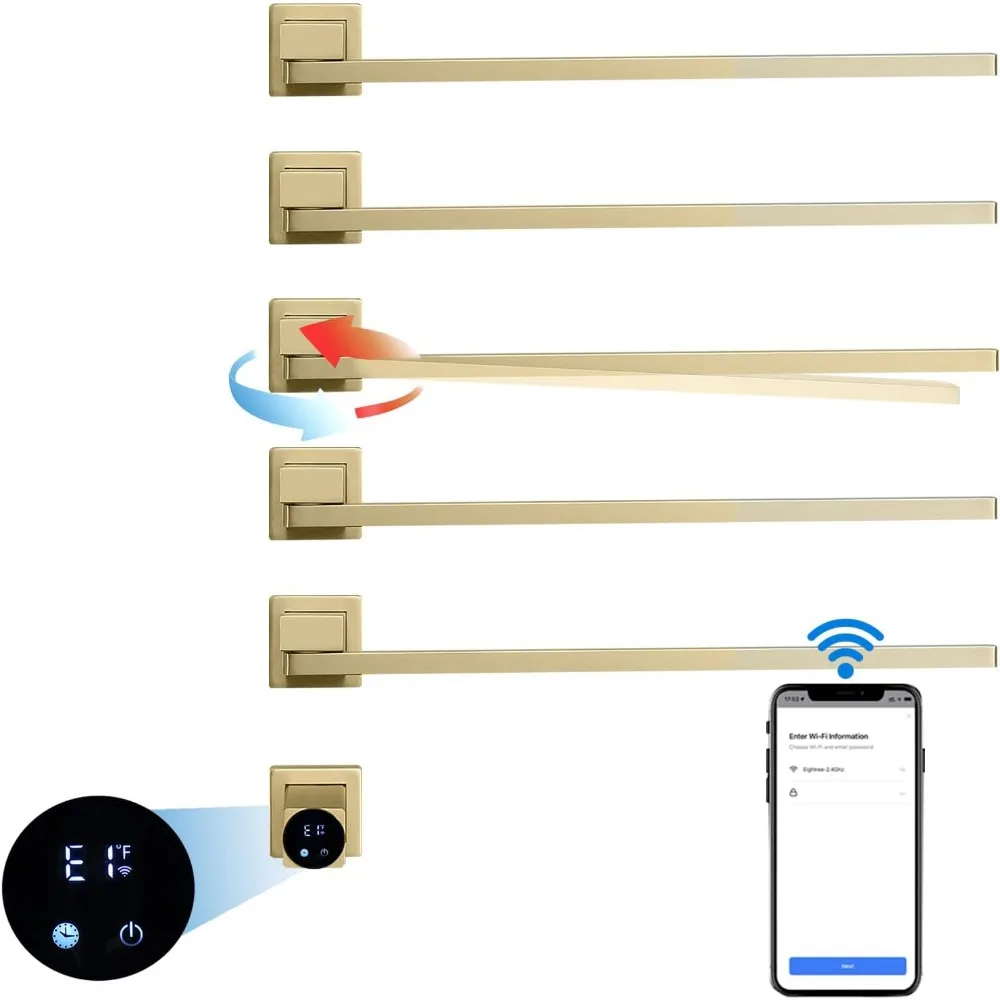 

Heated Rack Brushed Gold 93W Smart WiFi Warmer 180° Rotatable Rack Built-in Timer, 115°F—145°F, 5 Bars