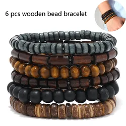 6pcs/set Fashion Men's Hand-beaded Bracelet Vintage Style Multi-layer Stretch Thread Wood Bead Coconut Shell Charm Bracelet