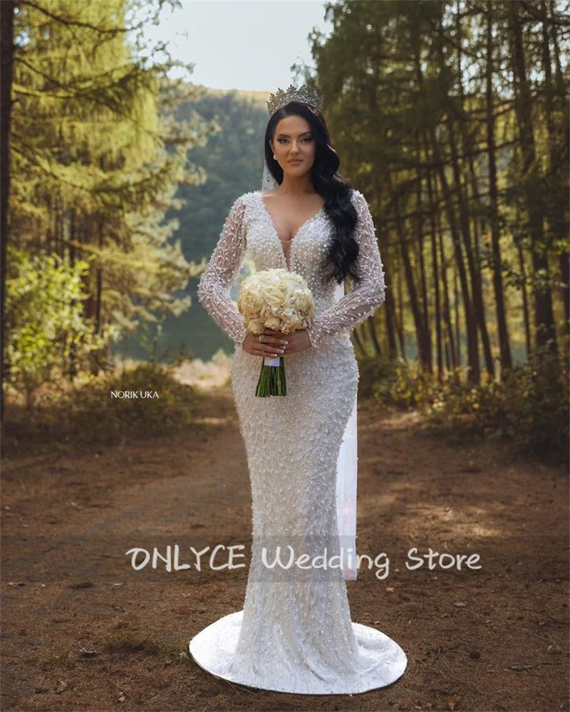 Glitter ชุดแต่งงาน 2024 ที่ถอดออกได้รถไฟ Veil ชุดเจ้าสาวแขนยาว Robe ไข่มุกลูกปัดคริสตัล Vestidos ที่กําหนดเอง
