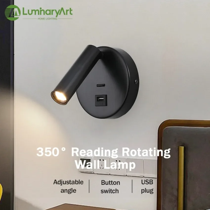 

Modern LED Wall Lamp with 350 Degree Rotation Adjustable Wall Lamp Hotel Bedroom Bedside Study Reading Desk Lamp with Switch USB