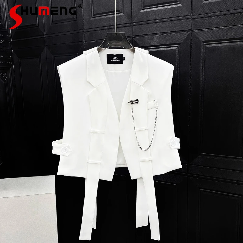 

Men's 2025 Summer New Trend Outer Wear Vest Suit Jackets Male Fashion Tank Tops Ribbon Design Sleeveless Solid Color Vest Jacket