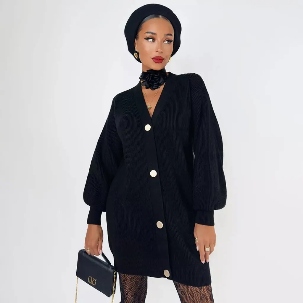 

Women's Mid-Length Knitted Cardigan V-Neck Loose Fit Autumn Winter Sweater with Metal Buttons European American Style