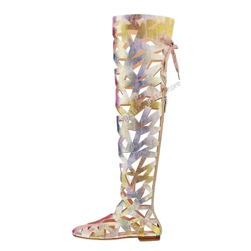 

Colorful Print Hollow Design Sandals Boots Back Zipper Women Shoes Chunky Heels Novel Fashion Banquet 2025 Zapatos Para Mujere