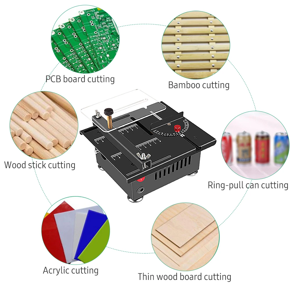 

100W Multi Functional Table Saw Mini Desktop Electric Saw Cutter Speed and Angle Adjustable Liftable Blade 16MM Cutting Depth