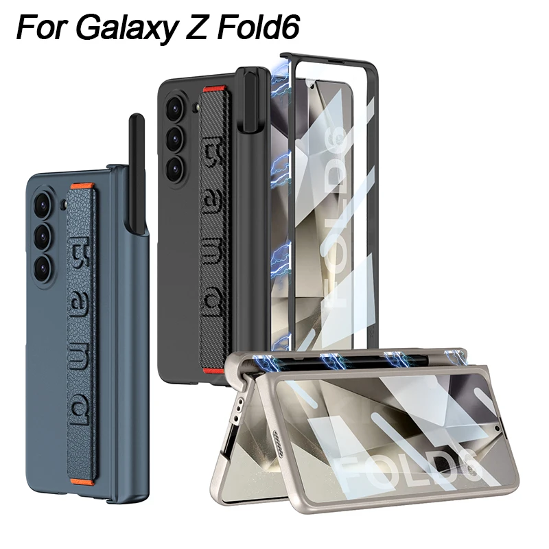 Magnetic Hinge Wrist Strap Cover For Samsung Galaxy Z Fold 6 5 Outer Screen Protector Pen Holder Case For Fold5 S Pen Edition