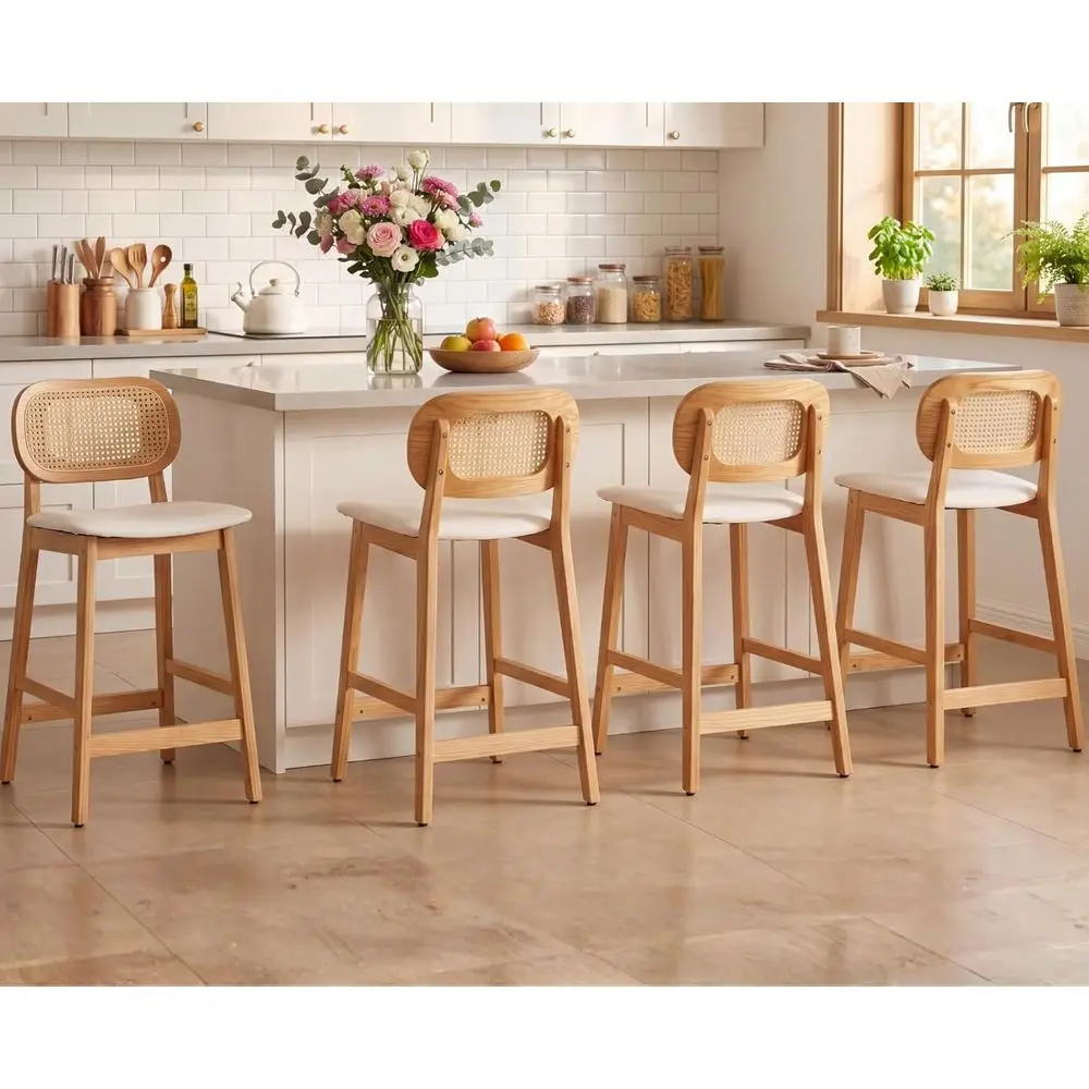 

Set of 4 Rattan Back Bar Stools with Natural Wood Legs and Comfortable Leather Upholstered Seats, White